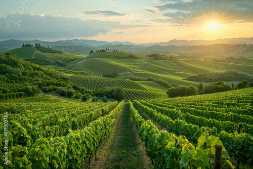 A tranquil vineyard nestled amidst rolling hills, where rows of grapevines stretch towards the horizon under the warm embrace of the sun. Concept of viticultural splendor. Generative Ai.