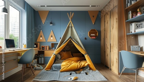 Kids Bedroom With Teepee Bed and Orange Walls