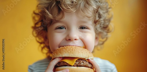 Young Boy Eating Hamburger on Yellow Background