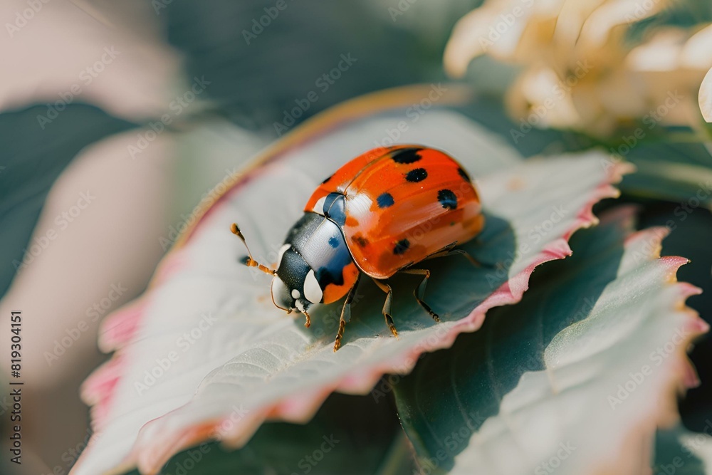 Fototapeta premium lady bug resting on a leaf, Lady Bug on Leaf, Film
