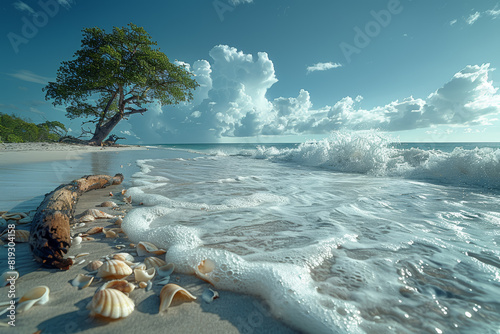 A windswept beach strewn with driftwood and seashells, where the crashing waves inspire introspection and creativity. Concept of maritime muse. Generative Ai.