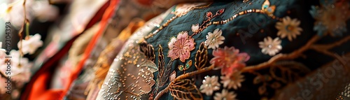 An embroidered kimono, whispering the secrets of geishas under the cherry blossoms in old Kyoto (Photography, golden hour lighting, vignette)