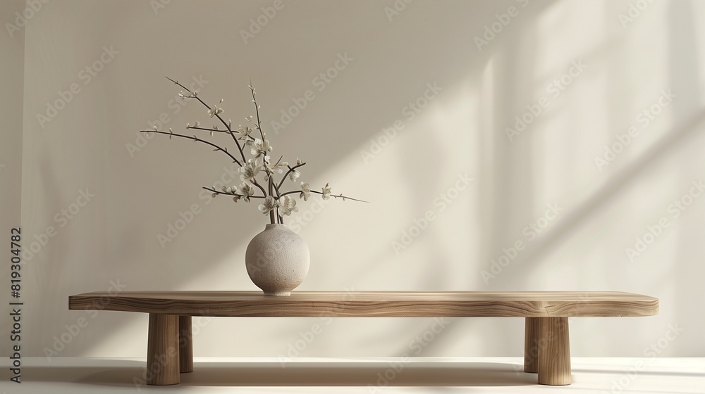 A minimalist wooden coffee table adorned with a single vase of fresh flowers, set against a neutral backdrop. A minimalist wooden coffee table adorned with a single vase of fresh flowers, set against a neutral backdrop.