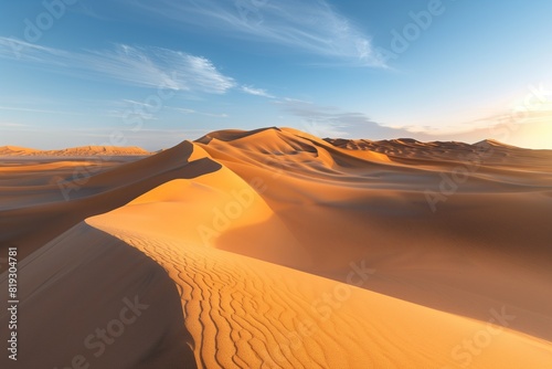   An expansive desert landscape with rolling sand dunes under a clear blue sky  and the golden light of the setting sun casting long shadows.