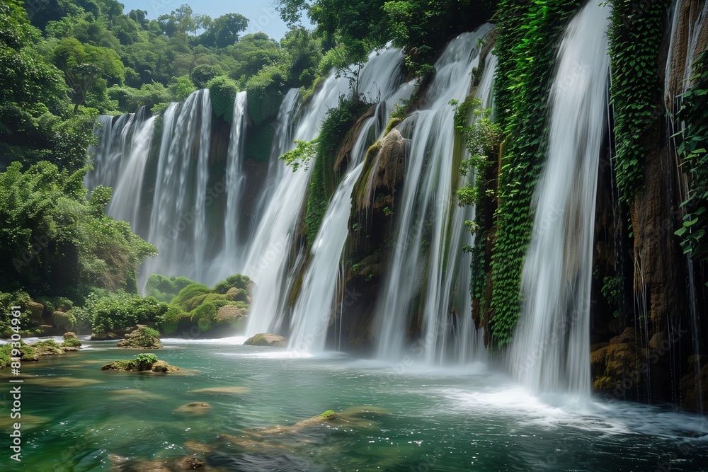 : A cascading waterfall in a tropical rainforest, surrounded by lush green vegetation, with the water sparkling as it falls into a clear pool below. : A cascading waterfall in a tropical rainforest, surrounded by lush green vegetation, with the water sparkling as it falls into a clear pool below.