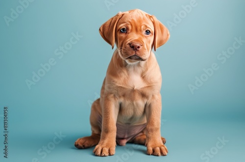 Small Brown Dog Sitting on Blue Background