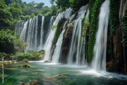   A cascading waterfall in a tropical rainforest  surrounded by lush green vegetation  with the water sparkling as it falls into a clear pool below.