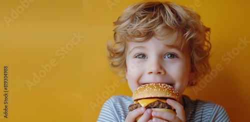 Young Boy Eating Hamburger on Yellow Background