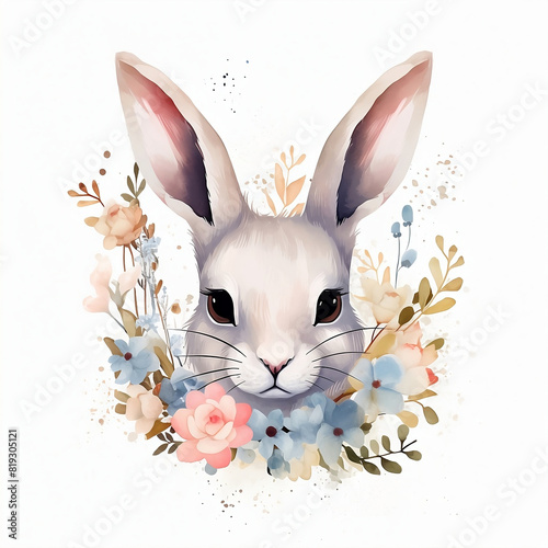 beautiful rabbits and flowers on a white background