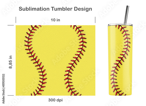 Softball seamless sublimation template for 20 oz skinny tumbler. Sublimation illustration. Seamless from edge to edge. Full tumbler wrap.