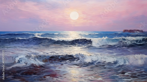 Sunset Over the Ocean with Crashing Waves and Pink Sky