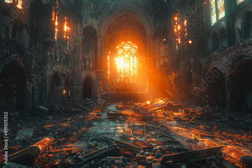 A crumbling cathedral lost to time, its stained glass windows shattered and its once-majestic spires now crumbling to dust. Concept of spiritual decay. Generative Ai. photo