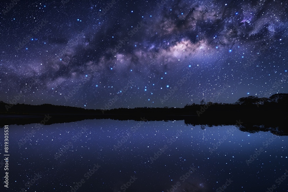 Fototapeta premium A stunning night sky over a calm, reflective lake, with the Milky Way galaxy arching across the heavens and stars mirrored perfectly in the water below.