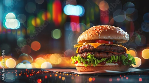 giant double cheeseburger on stock market background, photorealistic, bokeh effect, stock chart in the backround