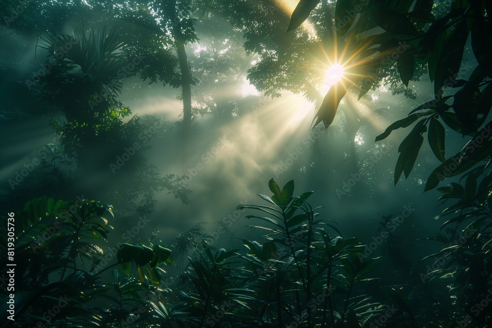 : A dense, fog-covered forest at dawn, with rays of sunlight piercing through the mist and illuminating the dewy foliage, creating a mystical atmosphere. : A dense, fog-covered forest at dawn, with rays of sunlight piercing through the mist and illuminating the dewy foliage, creating a mystical atmosphere.