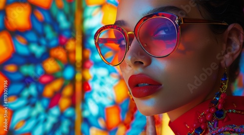 Woman in Sunglasses Posing on Colorful Background