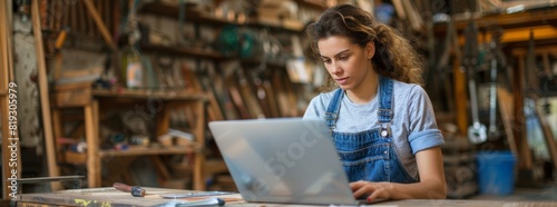 Woman Using Laptop in Workshop
