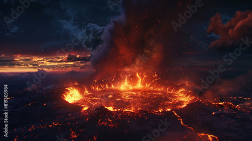 A volcanic crater spewing lava and ash into the night sky, with a fiery glow illuminating the surrounding landscape.