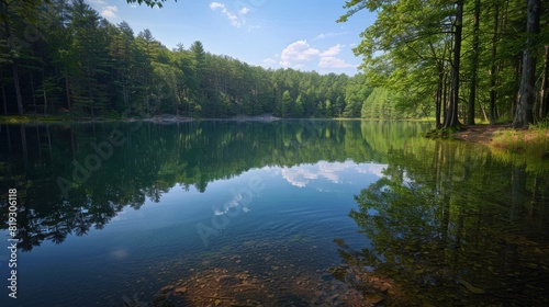 Tranquil forest lake with clear water