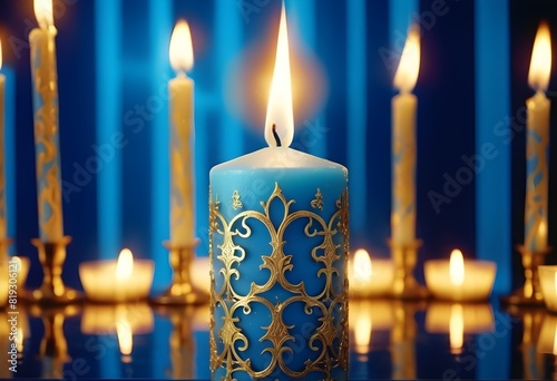Matellic colour candle decoration with golden lines along elegant candle out of focus background behind luxrious transparent celebrations