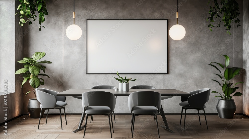 A modern dining area with a sleek table and chairs, featuring an empty mockup frame on the wall for a touch of personal style. A modern dining area with a sleek table and chairs, featuring an empty mockup frame on the wall for a touch of personal style.