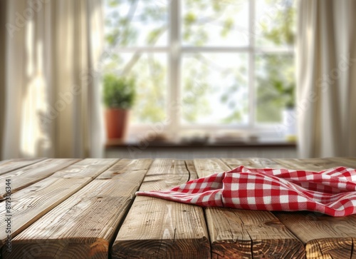 Red and White Checkered Cloth on Wooden Table