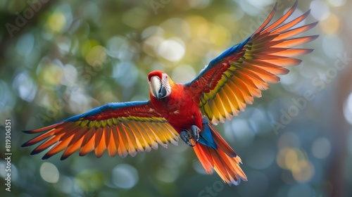 Flying scarlet macaw with outstretched wings © Oskar