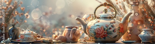 Handmade teapot, intricate handle, floral motif, surrounded by various tools and pottery glazes Realistic, golden hour lighting, depth of field bokeh effect photo