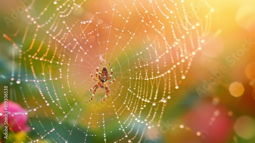 Spider on a dew-covered web in sunlight © Oskar