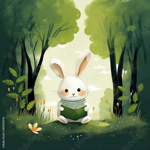 cute rabbit sitting in the green forest looking at a book