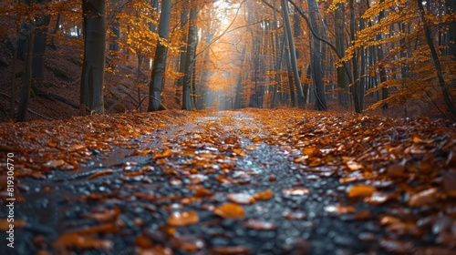 Misty autumn forest path with fallen leaves photo