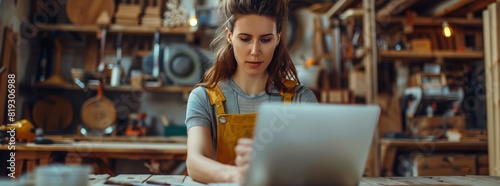 Woman Using Laptop in Workshop
