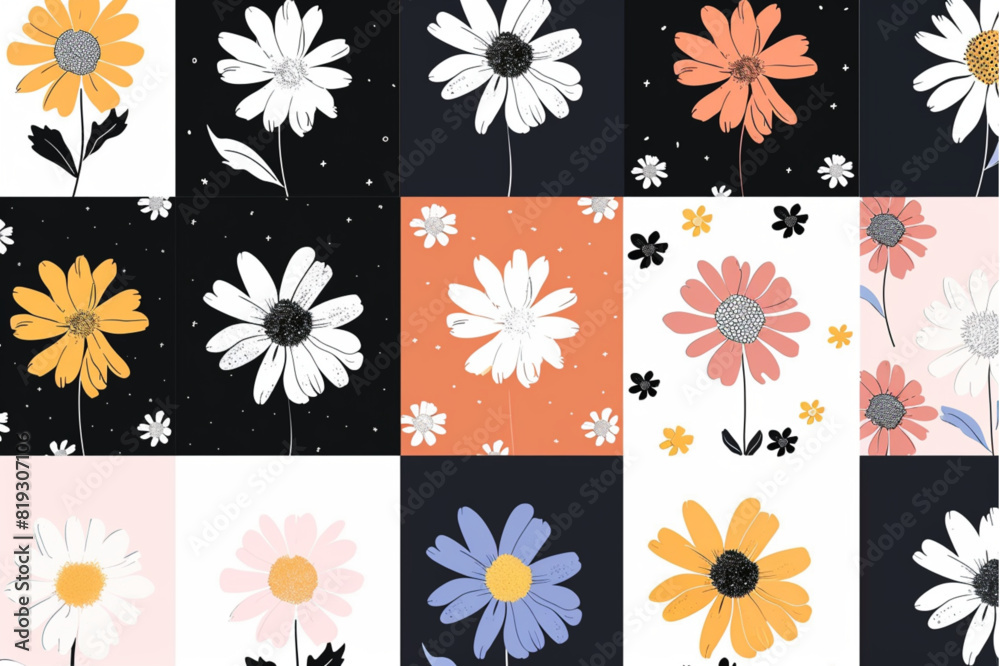 Retro pastel color groovy daisy flower abstract design set for social media poster banner background set vector icon, white background, black colour icon