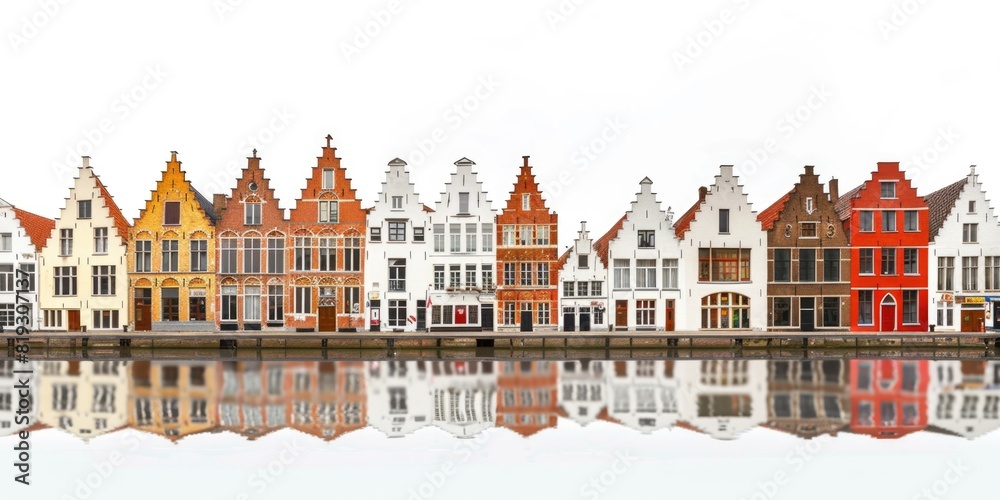 Row of colorful houses in the Bruges canals. White background Row of colorful houses in the Bruges canals. White background