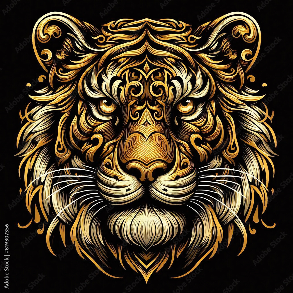 black and golden vector style illustration of a brave tiger face