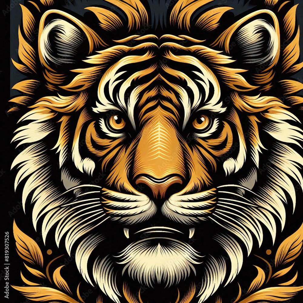 black and golden vector style illustration of a brave tiger face black and golden vector style illustration of a brave tiger face