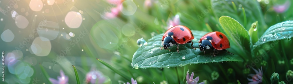 Fototapeta premium Two Ladybugs Sitting on a Green Leaf