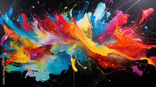 Energetic splatters of colorful pigments burst across the canvas, forming a captivating abstract display.