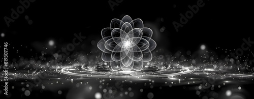 Black and white abstract background with a mandala of atoms, stars or particles