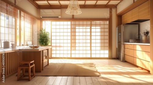 A modern Japanese-inspired kitchen with minimalist design, bamboo accents, and tatami flooring.