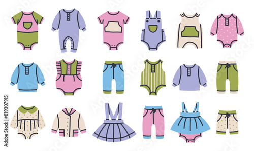 Kids clothing. Baby girl and boy fashion clothes, children casual garments, bodysuit, pants and dresses flat vector illustration set. Childish clothes