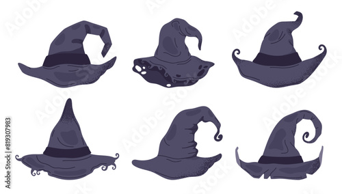 Halloween witch pointy hats. Spooky thorn wizard hats, trick or treat october party magic costume element flat vector illustration set. Hand drawn magician hats collection