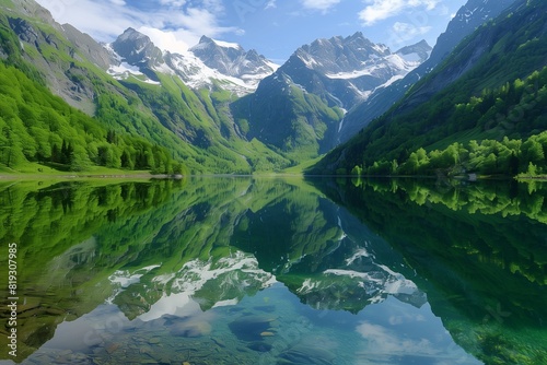 : A serene mountain lake reflecting the towering snow-capped peaks and lush green forests surrounding it, with a perfect, glass-like surface.