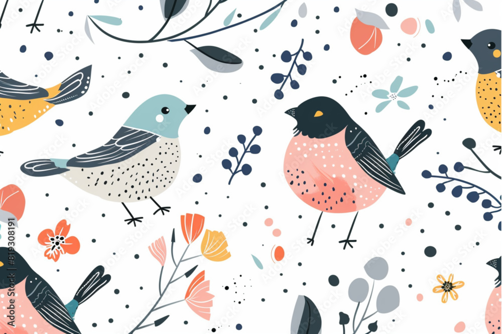 Seamless pastel pattern of birds with floral elements on dot background. set vector icon, white background, black colour icon
