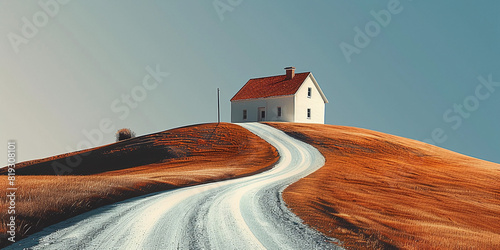 isolated small simple house in the middle of nowhere, on top of a hill, autumn season, orange field
