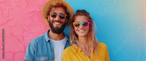 Stylish Man and Woman Posing in Front of Colorful Wall