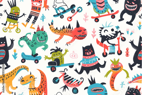 Seamless pattern of funny colorful monsters riding skateboards  scooters and bicycles. Baby  kids boy wrapping paper  textile design. set vector icon  white background  black colour icon