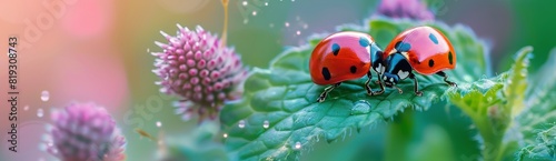 Two Ladybugs Sitting on a Green Leaf