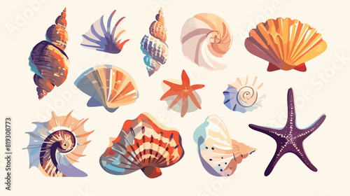 Vector sea shells set. 2d flat cartoon vactor illus