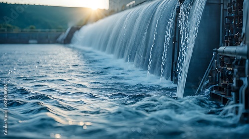  the dam flows clean water in the morning, Industrial waste water treatment plant purifying water  photo